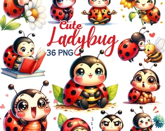 Watercolor Cute Ladybug Clipart, Spring Summer Bug Nursery Sublimation, Kawaii Ladybugs Lover Birthday Baby Shower Bundle Png