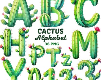 Cactus Alphabet Clipart, Watercolor Floral Letters & Numbers Sublimation, Botanical, Succulent, Desert Plant Alphabet Png