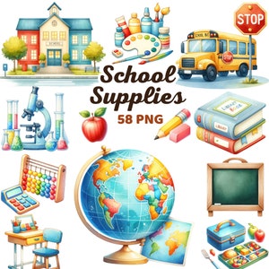 School Supplies Clipart, Watercolor Teacher Nursery, Books Globe Notebooks Apples Crayons, Back to School, Stationery School Supplies Png