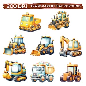 May include: A set of eight cartoon illustrations of yellow construction vehicles, including a dump truck, bulldozer, excavator, backhoe, and a cement mixer. The vehicles are isolated on a white background.