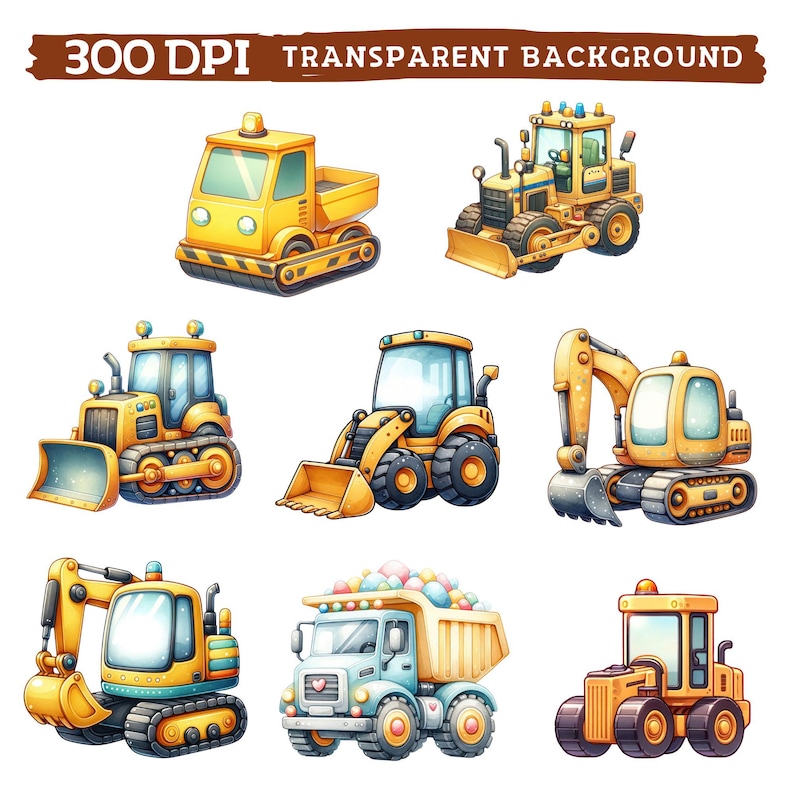 May include: A set of eight cartoon illustrations of yellow construction vehicles, including a dump truck, bulldozer, excavator, backhoe, and a cement mixer. The vehicles are isolated on a white background.