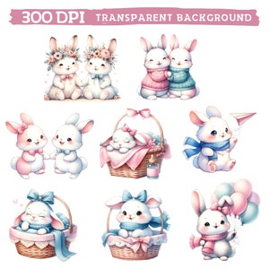 May include: A set of nine digital illustrations featuring cute bunnies in various poses. The bunnies are wearing bows, scarves, and flowers. Some are holding balloons, while others are in baskets. The illustrations are perfect for adding a touch of whimsy to any project.