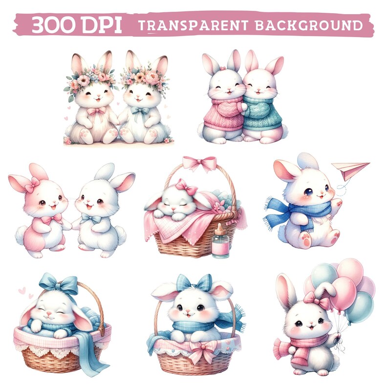 May include: A set of nine digital illustrations featuring cute bunnies in various poses. The bunnies are wearing bows, scarves, and flowers. Some are holding balloons, while others are in baskets. The illustrations are perfect for adding a touch of whimsy to any project.