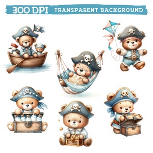 May include: Six illustrations of cute teddy bears dressed as pirates. The bears are wearing blue and white pirate hats, blue and white shirts, and red bandanas. Some bears are holding treasure chests, while others are holding a bottle of water or relaxing in a hammock.