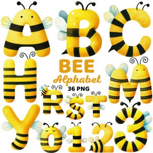 May include: Bee alphabet clipart set with 36 PNG files. The letters are yellow and black with a bee design. The numbers are also yellow and black with a bee design.