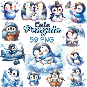 水彩画のかわいいペンギン クリップアート PNG、雲の上で眠るかわいいペンギンの保育園昇華、ペンギン好きの誕生日の子供のベビーシャワー PNG