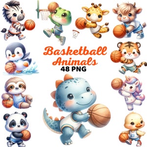 Clipart de animales de baloncesto, vivero deportivo de dibujos animados lindo acuarela, animales del bosque atlético niños oso cumpleaños bebé ducha paquete Png