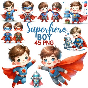 Aquarela Cute Superhero Boy Clipart, Superheroes Nursery Decor Sublimation, Kids Boy Birthday Party Theme Bundle Png