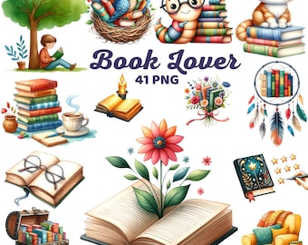 Book Lover Clipart, Watercolor Reading and Book Theme Illustration, Cozy Reading, Literature Clipart, Watercolor Bookworm Bundle Png