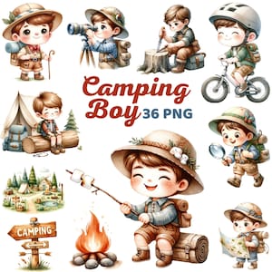 Schattige campingjongen clipartcollectie, aquarel schattige camper kinderkamer, buitenavontuur, kampvuur, kinderscout kamperen, kinderscouting png