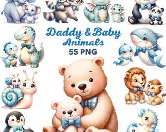 Aquarell Cute Daddy und Baby Tiere Clipart, Waldtier Kindergarten, Bär Bunny Kätzchen Papa Sohn Vatertag Geburtstag Baby Shower Png