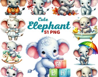 Cute Elephant Clipart, Watercolor Safari Jungle Baby Animal Nursery Decor, Seasonal Holiday Elephant, Kids Birthday Baby Shower Png
