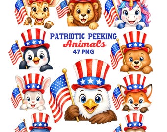 Patriotic Peeking Animals Clipart, Watercolor Cute Animal 4th of July USA Flag PNG