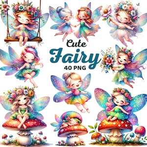 Cute Fairy Clipart, Watercolor Whimsical Magical Fairy Flowers Nursery Decor, Enchanted Mushroom Fairies, Kids Baby Shower Birthday Png
