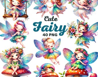 Cute Fairy Clipart, Watercolor Whimsical Magical Fairy Flowers Nursery Decor, Enchanted Mushroom Fairies, Kids Baby Shower Birthday Png