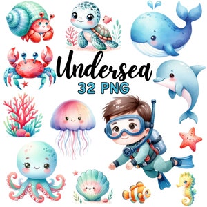 May include: A set of 32 watercolour illustrations featuring underwater creatures, including a crab, a snail, a turtle, a jellyfish, a dolphin, a seahorse, a starfish, an octopus, and a seashell. The illustrations are in a cartoon style and are perfect for use in digital scrapbooking, card making, and other craft projects.