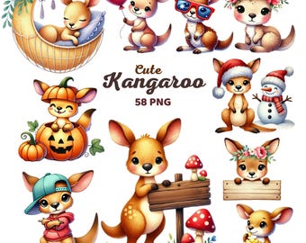 Cute Kangaroo Clipart, Watercolor Australian Animal Kids Png