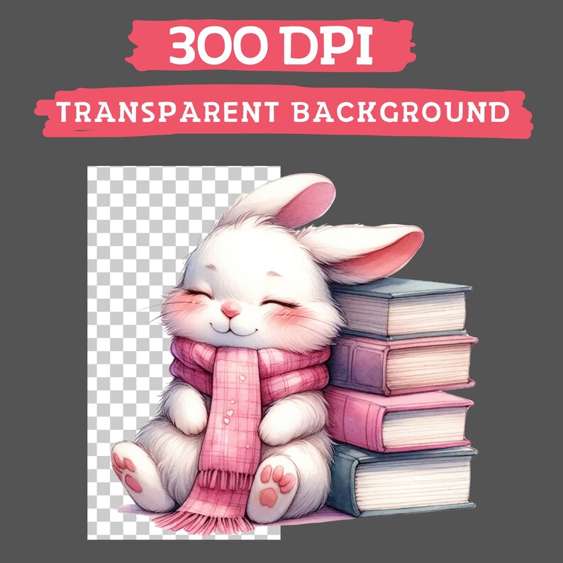 May include: A white bunny with pink cheeks and a pink scarf is sitting next to a stack of books. The bunny has its eyes closed and is smiling. The books are different colors and have white pages.