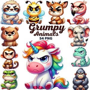 Funny Grumpy Animals Clipart, Watercolor Cute Angry, Nursery Decor, Funny Animals Clipart, Woodland Jungle Safari Animal Png