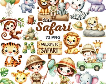 Cute Safari Animals Clipart, Watercolor Jungle Kids Party Baby Shower, Explorers Boy Girl Nursery Decor, Zoo Animal Birthday Png