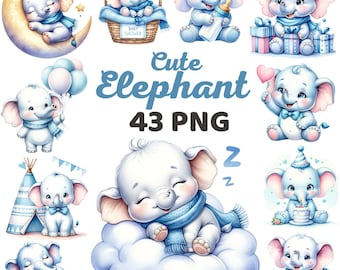 Watercolor Cute Elephant Clipart, Elephant Sleeping on Cloud Moon Nursery, Elephant Lover Birthday Safari Jungle Animal Baby Shower Png