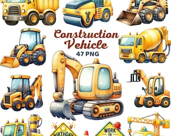 Construction Vehicles Clipart, Watercolor Cute Construction Trucks  Equipment, Bulldozer, Crane, Excavator, Nursery Birthday Kids Boy Png