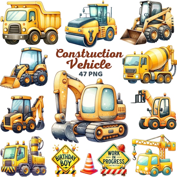Construction Vehicles Clipart, Watercolor Cute Construction Trucks  Equipment, Bulldozer, Crane, Excavator, Nursery Birthday Kids Boy Png