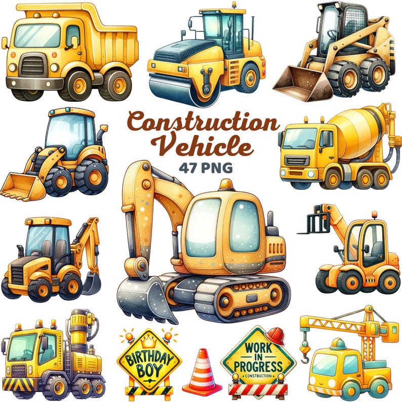 May include: A set of 10 cartoon construction vehicles, including a cement mixer, bulldozer, backhoe, crane, and dump truck. The vehicles are yellow and black with colorful details. The set also includes a birthday sign, a work in progress sign, and a traffic cone.