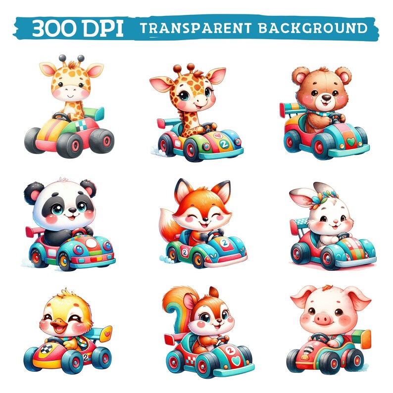 Cute Racer Animals Clipart, Watercolor Speedy Animal Playful Nursery ...