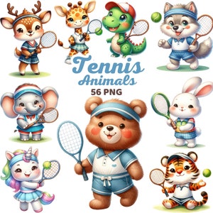 Clipart de animales de tenis, vivero deportivo de dibujos animados lindo acuarela, tenis atlético bosque animal niños oso cumpleaños baby shower Png