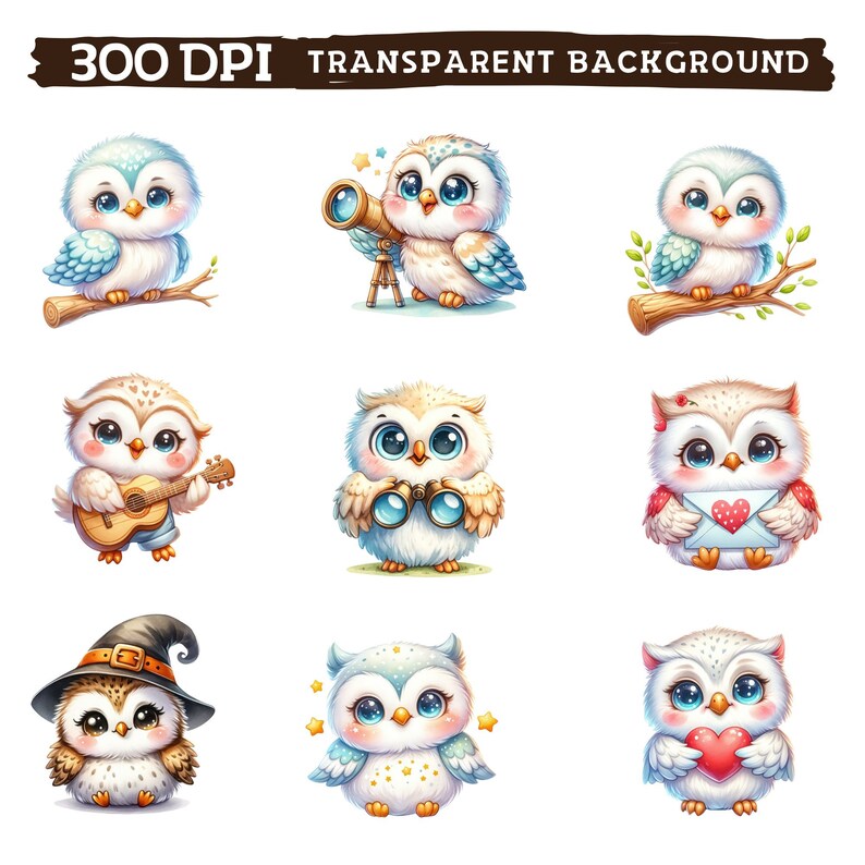 May include: Nine adorable cartoon owls with large blue eyes and various accessories. One owl is on a branch, another with a telescope, and one with a guitar. The image has the text "300 DPI TRANSPARENT BACKGROUND".