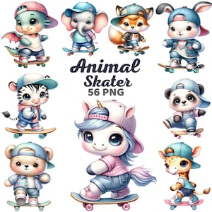 Skateboarding Animals Clipart, Watercolor Cute Cartoon Skateboard Nursery, Woodland Bear Animal Skater Kids Birthday Baby Shower Bundle Png