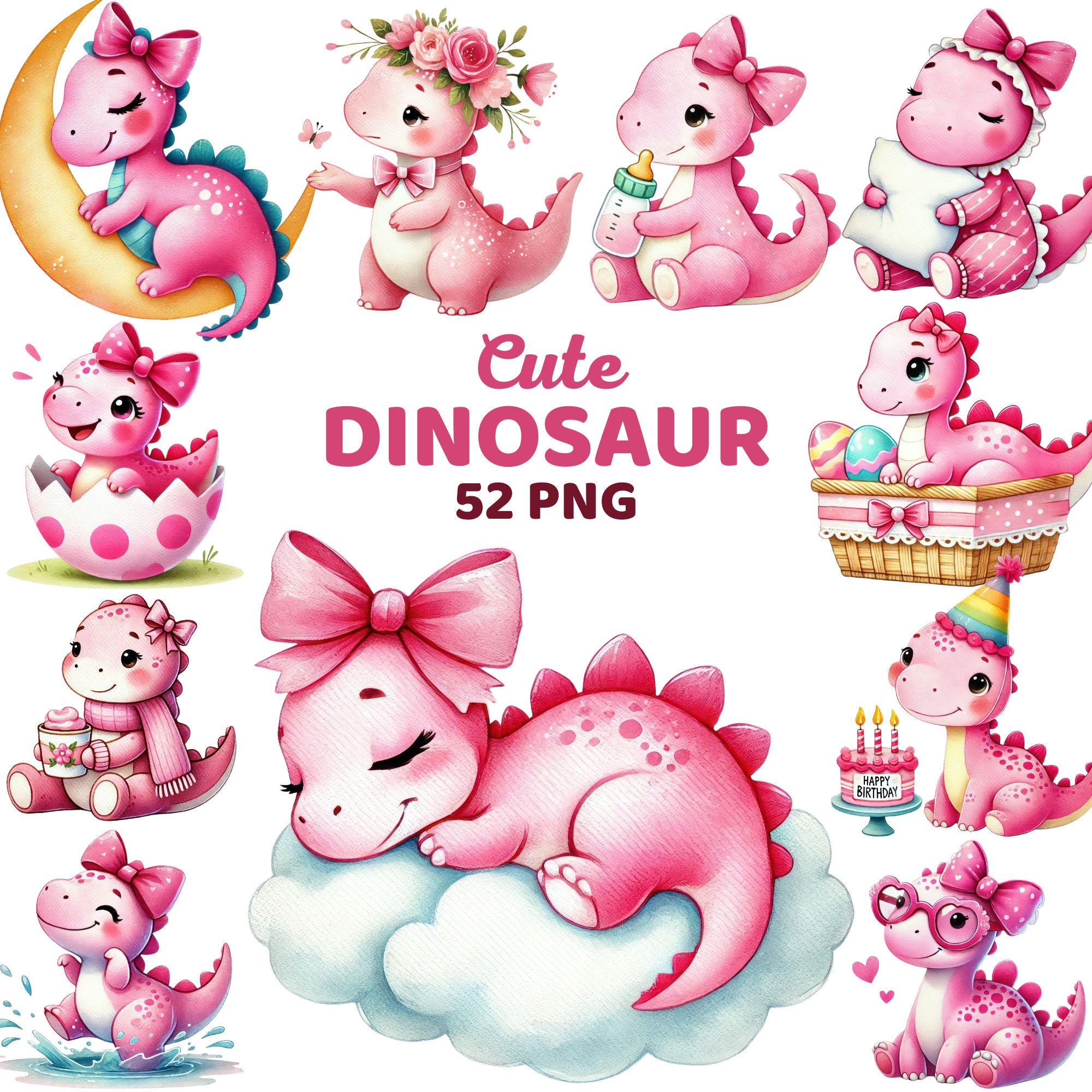 Cute Dinosaur Clipart, Watercolor Dinosaur Sleeping on Cloud Nursery Sublimation, Dino Lover, Pink Girl Kids Birthday Baby Shower Bundle Png