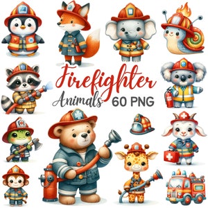 Acuarela lindo bombero animales clipart, sublimación de guardería de pequeños héroes, equipo de rescate seguridad contra incendios fiesta de cumpleaños bebé niño niños Png