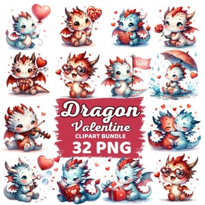 Aquarelle dragon Saint-Valentin Clipart Png, Saint-Valentin pour enfants, sublimation de la Saint-Valentin, lot de bébé dragon mignon, Collection amoureux de Dragon Png
