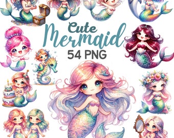 Watercolor Cute Mermaid Clipart, Glitter Shimmer Mermaid Lover Nursery Sublimation, Sea Animals Seahorse Girl Fairytale Birthday Bundle Png