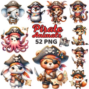Acuarela lindo pirata animales clipart, pirata bebé animal vivero, bandera pirata aventura elefante safari selva cumpleaños baby shower png
