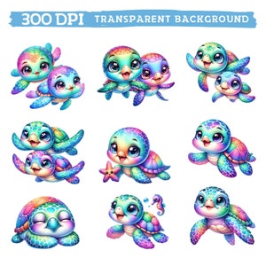 May include: Nine colorful cartoon sea turtles with iridescent shells and big eyes. Some turtles are swimming, some are holding starfish, and some are with their babies.