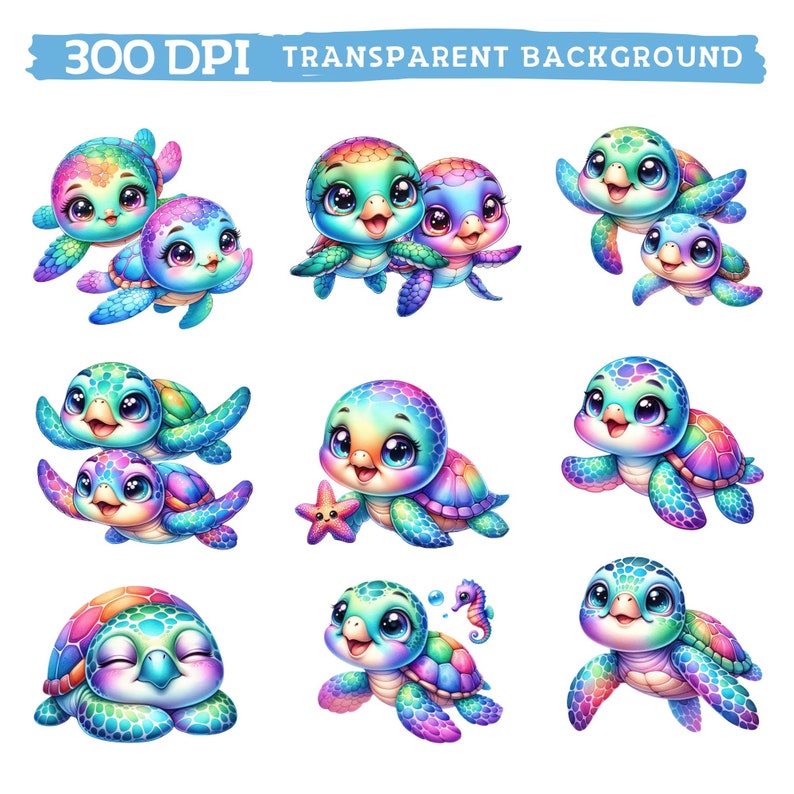 May include: Nine colorful cartoon sea turtles with iridescent shells and big eyes. Some turtles are swimming, some are holding starfish, and some are with their babies.