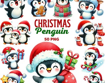 Christmas Penguin Clipart, Watercolor Cute Holiday Penguin, Nursery Decor, Winter Xmas Animal, Festive Penguins Png