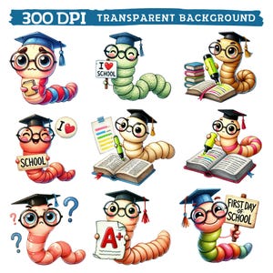 Schoolworm Back to School Worm Clipart, Watercolor Cute Classroom Nursery Decor ...