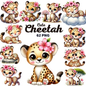 Uroczy Gepard Clipart, Akwarela Słodki Gepard Cub, Wystrój Dziecięcego Pokoju, Gepard z Kwiatami, Zwierzę Safari Dżungli, Urodziny Baby Shower Png