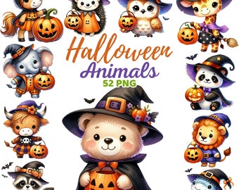 Halloween Animals Clipart, Watercolor Halloween Nursery, Halloween Woodland Jungle Animal, Witch Hat with Pumpkin, Kids Spooky Party Png