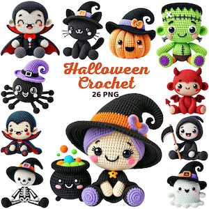 Peut inclure: Une collection de 26 patrons de crochet d'Halloween représentant divers personnages, dont une sorcière, une citrouille, une araignée, un fantôme, un vampire, un Frankenstein, un diable et un chaudron. Les patrons sont disponibles en fichiers PNG.
