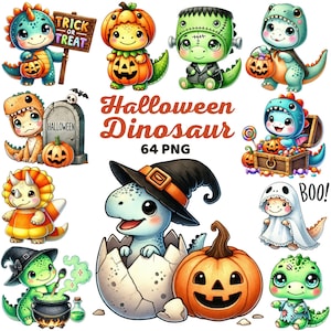 Halloween Dinosaur Clipart, Watercolor Cute Dino Nursery Decor, Boy Girl Kids, Pumpkin Costume Sublimation, Spooky Dino Bundle Png