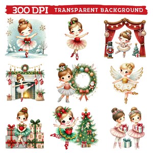 May include: A collection of watercolor illustrations featuring ballet dancers in festive holiday attire. The images include ballerinas with tutus, Christmas trees, gift boxes, and decorative elements, all set against a transparent background. Text at the top reads "300 DPI TRANSPARENT BACKGROUND."