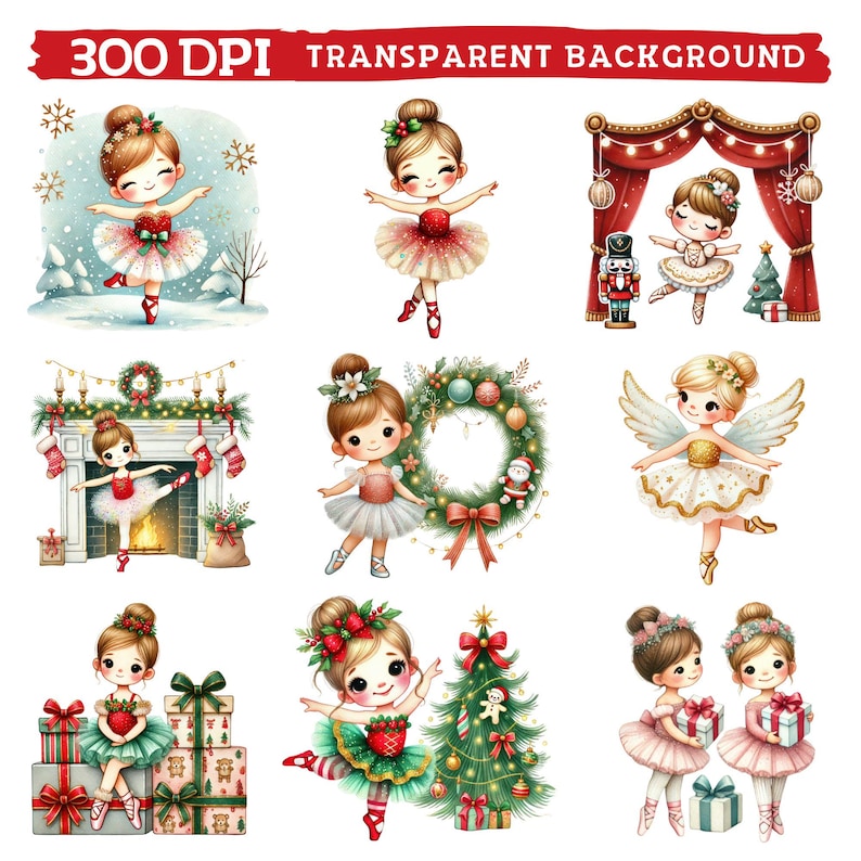 May include: A collection of watercolor illustrations featuring ballet dancers in festive holiday attire. The images include ballerinas with tutus, Christmas trees, gift boxes, and decorative elements, all set against a transparent background. Text at the top reads "300 DPI TRANSPARENT BACKGROUND."