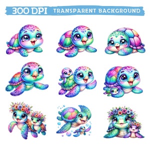 May include: Nine digital illustrations of colorful cartoon sea turtles. Some turtles are wearing flower crowns, some are carrying babies, and some are swimming with bubbles.