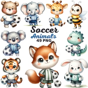 Voetbal dieren clipart, aquarel schattige cartoon sport kinderkamer, atletisch voetbal bos dieren kinderen beer verjaardag babyshower bundel png