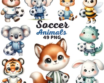 Soccer Animals Clipart, Watercolor Cute Cartoon Sports Nursery, Athletic Soccer Woodland Animal Kids Bear Birthday Baby Shower Bundle Png
